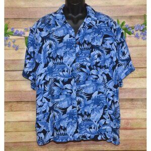 Panama Jack Mens Blue Button Up Hawaiian Classic Cars Shirt Size 3XL Beach Vacay